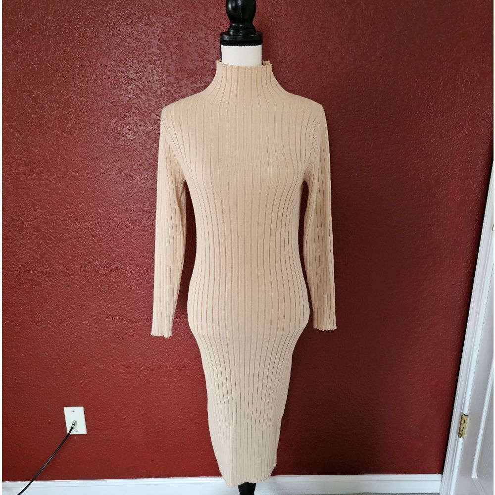 Chic Beige Ribbed Knit Long Sleeve Dress